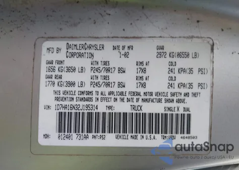 2002 Dodge Ram 1500 St z USA, uszkodzony, nr VIN 1D7HA16N32J195314